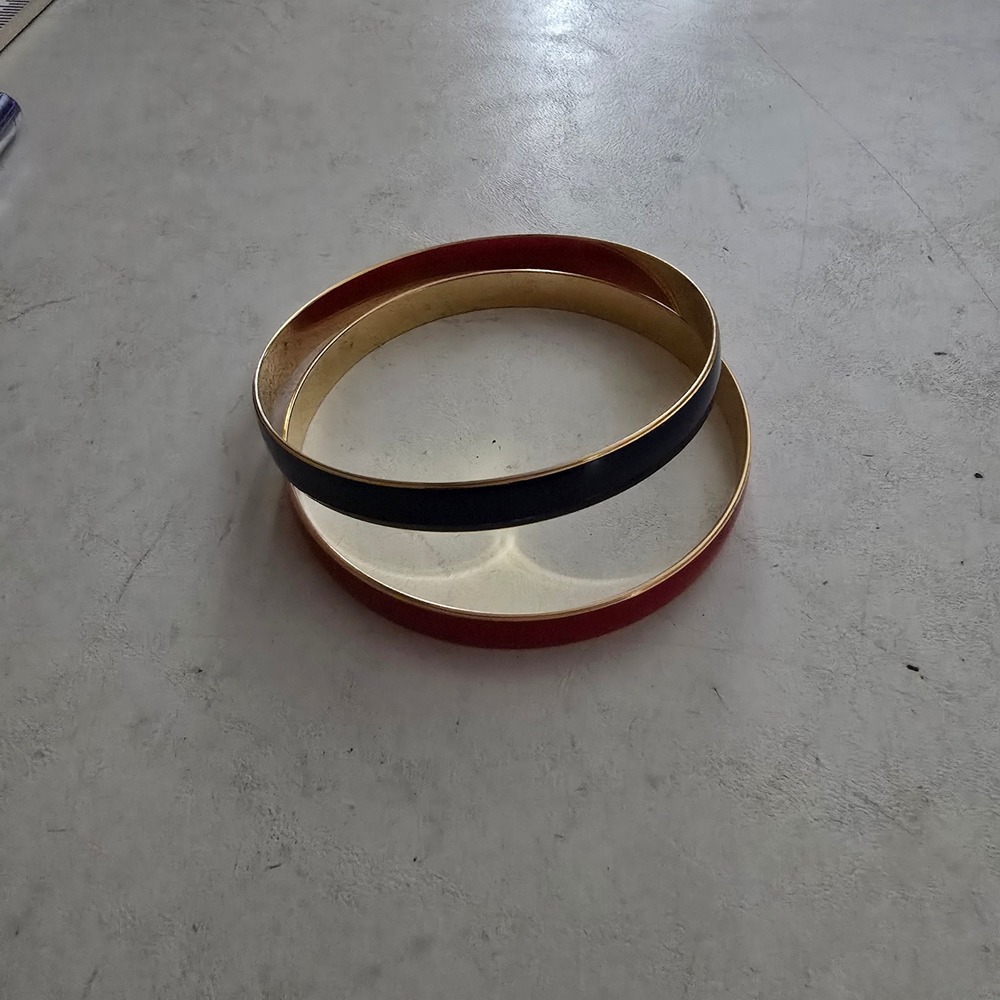 Trifari Vintage Enamel Bangle Bracelet Set Navy Blue Red Gold Tone 2 Piece